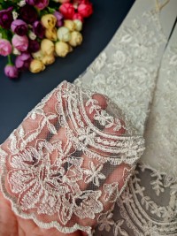 Свадебные митенки 42см, молочные, сетка с вышивкой