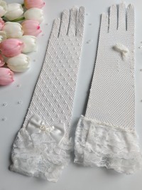 Перчатки 28см, МОЛОЧНЫЕ, сетка с кружевной рюшей и бантом