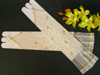 Митенки 38см, гипюровые, бежевые с золотом