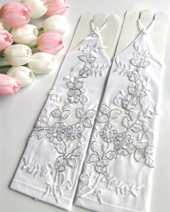 Свадебные митенки 28см, белые с серебряным кордовым кружевом 