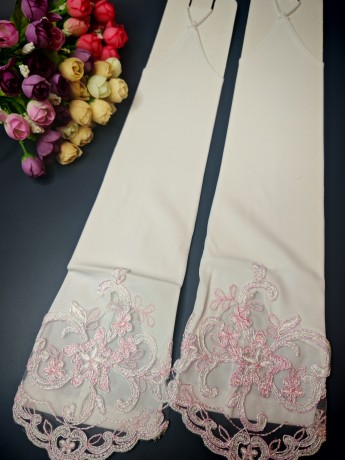 Митенки 38см, белые с розовым кружевом по верху