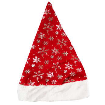 Новогодний колпак Деда Мороза снежинки, красный плюш