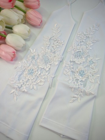 Свадебные митенки 38см, белые с нежно-голубым